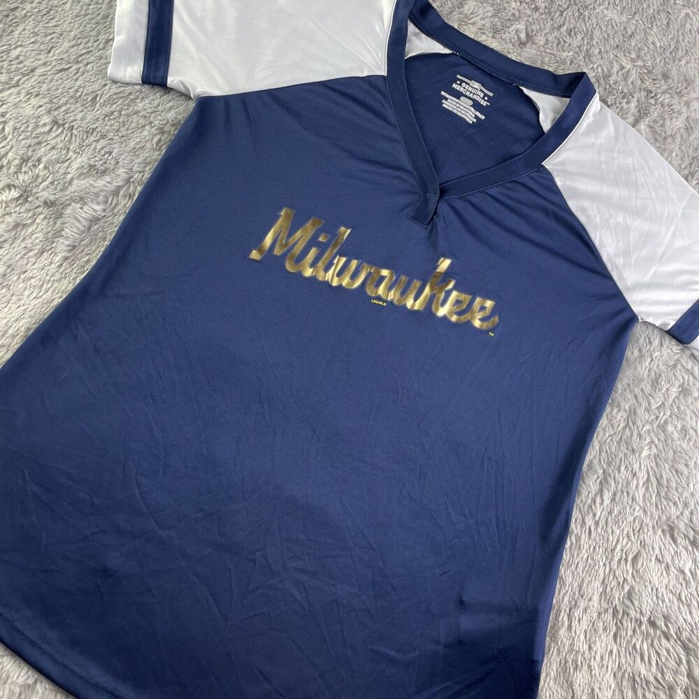 MLB Milwaukee Navy and White Short Sleeve V-Neck Tee with Gold Script